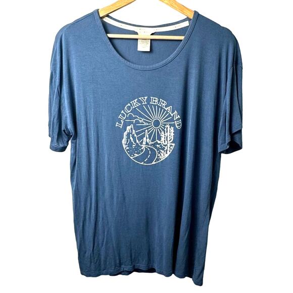 Lucky Brand Blue Graphic T-Shirt Medium Soft Rayon Blend Casual Boho Desert Road - Picture 1 of 3